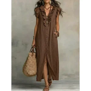 V Neck Ruffle Trim Button Down Maxi Dress with Front Slit and Side Pockets Casual Loose Fit for Women