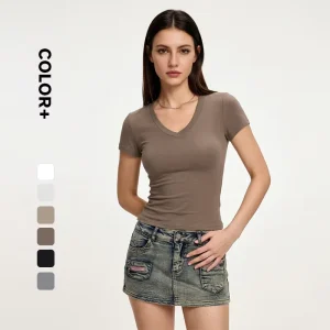V Neck Short Sleeve T Shirt High Quality Women Slim Fit Cotton Deep V Neck T Shirt For Women Girl