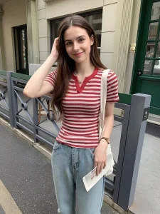 V Neck Striped Regular Causal Short Sleeve T Shirt Women’s Slim Fit Versatile Top Summer New Fashion T Shirt for Women