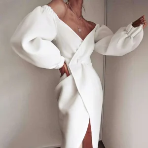 V Neck Women’s Wrap Balloon Sleeve Slit Night Celebration Party Dress White Black Long Dresses