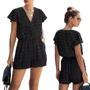 V neck Flocking Dots Elastic Waist Women’s Romper Can Be Customized Casual Jumpsuit