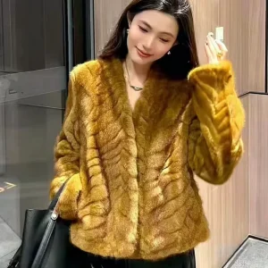 V neck Herringbone Pattern Gold Leaf Environmentally Friendly Fur Women’s Winter High end Fur One piece Short Jacket