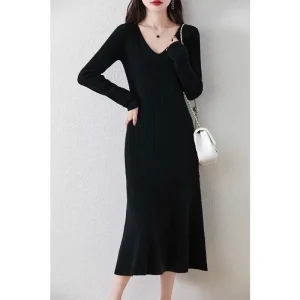 V neck Pullover Viscose Nylon Empire Waist A Line Skirt Dress Women’s Autumn Winter Casual Long sleeved Knitted Anti static