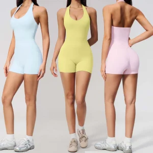 V neck Removable Padded Halter Integrated Women Yoga Romper Tummy Control Butt Lifting Short Women’s Workout Jumpsuit