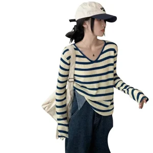 V neck Striped Hand Woven Viscose Polyester Knitted Sweater Women’s Stylish Inner Wear Autumn Korean Style Base Shirt