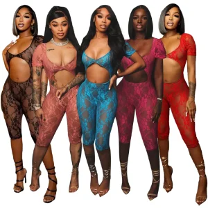 Valentines Day Outfits Women Lace Mesh Romper Skin Tight Cut Out Jumpsuit See Thru Body Shaping Red Lace Jumpsuit