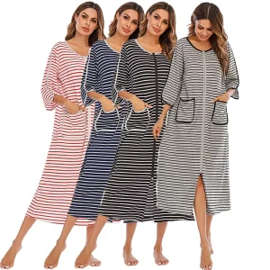 Vanfound Women’s Comfortable Striped Satin Pajamas Casual Seven Point Sleeve Sleepwear Elastic Waist Plus Size Custom Logo ODM