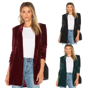 Velvet Blazers Women Solid Open Front Lapel Cardigan Coat Long Sleeve Fall Winter Office Work Suit Jacket