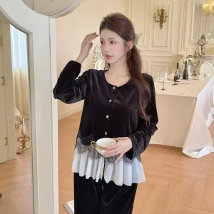 Velvet Women’s Autumn Winter Crew Neck Cardigan Pajamas Moisture Wicking Long Sleeve Long Pants Set Loungewear Outerwear