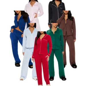 Versatile Style Simple Elegant Sleepwear Set Simple Solid Color Women’s Loungewear Long sleeved Women’s Pajama Set