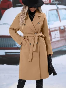 Versatile Thickened Woolen Midi Length Thermal Belted Overcoat Women’s Long Fox Fur Trench Coats
