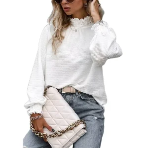 Versatile White Blouse Lantern Sleeve Elegant Loose Solid Color Tops Stand Collar Modest Girl Women’s Blouse