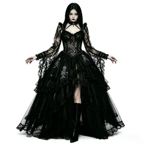 Victorian Gothic Skeleton Dress Layered Lace Tulle High Low Hem Women’s Grunge Punk Emo Aesthetic Illusion Bow Embroidery