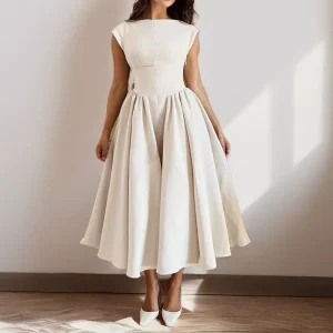 Vintage Audrey Hepburn Style Women’s Summer Dress Backless Midi Dress Cap Sleeve a Line Pleated Cocktail Party Women Dress