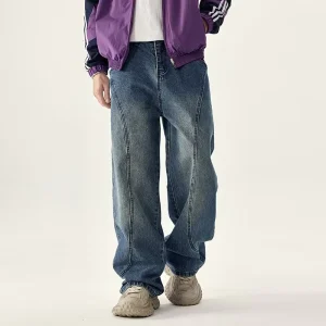 Vintage Baggy Jeans Men High Street Washed Denim Pants Retro Stitching Loose Fit Wide Leg Straight Denim Trousers