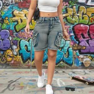 Vintage Blue Women’s High Waist Summer Washed Denim Shorts Stretchy Straight Leg Sexy Style Cargo Pockets Short Jeans Pant