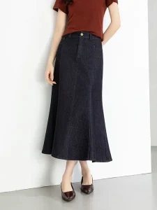 Vintage Casual Denim Skirt for Women’s Washed High Waisted Fishtail Midi Jean Skirts with Custom Style