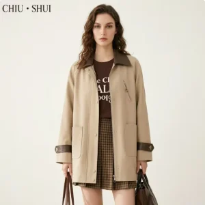 Vintage Contrast Collar Trench Coat Women Slim Fit Autumn Outerwear