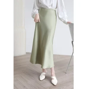 Vintage Elegant Women’s White Long Fishtail Skirt Casual Party Satin Midi Skirt