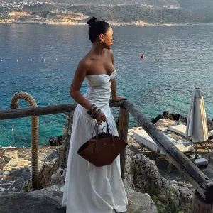 Vintage Empire Waist Women’s Off Shoulder Midi Dress for Summer Island Vacation White High End Temperament