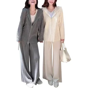 Vintage European Autumn Anti Wrinkle Nylon Cotton Full Length Cable Knit Sweater Cardigan Set Hooded Zipper Two Piece Women’s