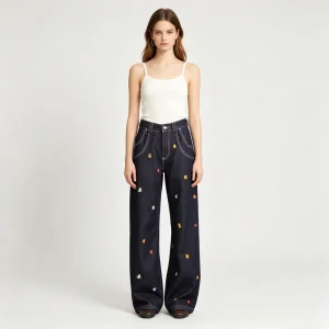 Vintage Floral Embroidery Women’s High Waist Denim Jeans Loose Fit Straight Leg Wide Leg Pants for Winter