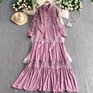 Vintage French Lace Splicing Embroidery Turn-down Collar Long Sleeve Shirt Dress Long Skirt Summer Women’s Polyester Plants