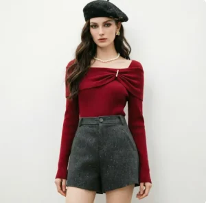 Vintage French Off Shoulder Red Knit Top Women Slim Fit Long Sleeve Elegant Party Knitted Blouse