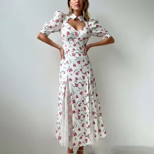 Vintage French Puff Sleeve Club Dress Elegant Women’s Floral Printed A-Line Summer Maxi Natural Waist Lace Patchwork 100%