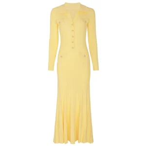 Vintage French Style Autumn Casual Women’s Empire Waist Solid Laps Long Sleeve Knit Button Slim Fit A Line Maxi Dress