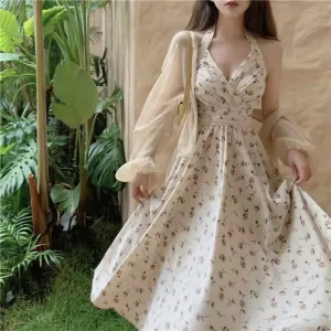 Vintage Gentle Floral Strappy Dress Set Women’s Spring Summer Waist-Controlled Halter Neck Long Skirt Thin Sunscreen
