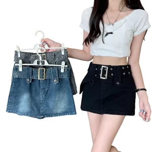 Vintage High Waist Denim Short Skirt Women’s Summer New A-line Quick Dry Zipper Hip Trousers
