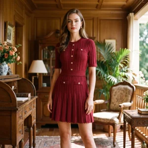 Vintage Hollow Knitted Pleated Summer Breathable Mini Dress Women’s Round Neck Short Sleeve Golden Button Elegant Party Dress