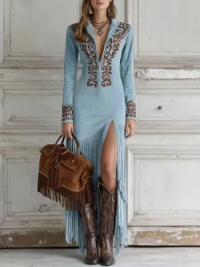 Vintage Irregular Splitted Ruffle Hem Maxi Button up Slim Fit Suede Dress Cow Girl Western Clothing Sexy African Women’s Dress