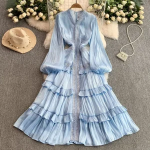 Vintage Lace V Neck Dress Women’s Elegant Lantern Sleeve Glitter Tiered Hem Maxi Dress for Slim Fit Retro Look