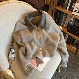 Vintage Lazy Style Soft Knitwear Patchwork Leather Lapel Cardigan Sweater Women’s Autumn Winter Simple High-end
