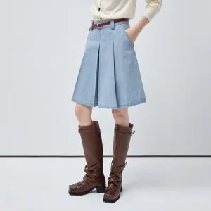 Vintage Light Blue Pleated Denim Kirt Women Spring Resort High Waisted Denim Skirt