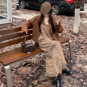 Vintage Melange Striped Spaghetti Strap Luxury Women’s Summer Thick Base Layer Long Skirt Knitted Tassels Dress