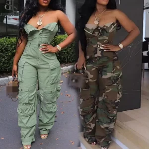 Vintage Pockets Cargo Pants Jumpsuits Women Strapless Buttons Casual Playsuits Straight Pants Romper Woman