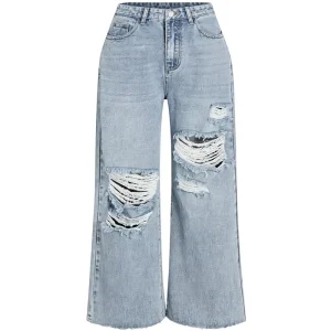 Vintage Ripped Distressed Women’s High-Waisted Loose Wide-Leg Denim Jeans Quick Dry Full Length