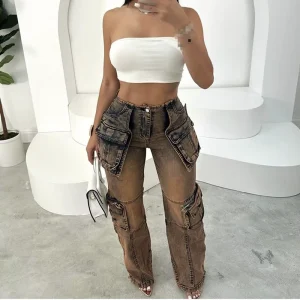 Vintage Streetwear Hip Hop Casual Motorcycle Washed Zipper Baggy Pocket Cargo Straight Trousers Jeans Blue Denim Women’s Jeans