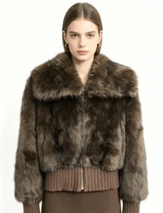 Vintage Style Faux Fur Patchwork Collar Knit Women’s Sweater Long Sleeve Casual and Minimalist Women’s Jacket