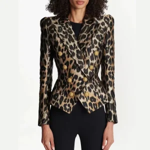 Vintage Style Women’s Double Breasted Slim Fit Leopard Print Blazer Jacket with Metal Buttons