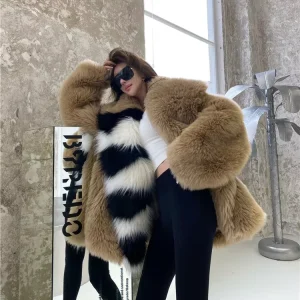 Vintage Style Women’s Faux Fox Fur Jacket Plaid Pattern Long Coat 100% Polyester Plus Size Winter Wear Poncho