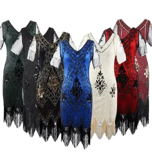 Vintage Summer Empire Floral Print Bodycon Women’s Mini Dress Short Sleeves Retro Style Evening Party Sequin Tassel Beading