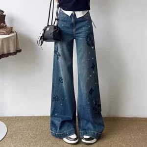 Vintage Washed Casual Rhinestone Floral Distressed Wide Leg Jeans for Women Streetwear Retro Style High Waisted Denim Trousers
