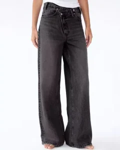 Vintage Washed Crossover Waist Loose Fit Straight Streetwear Y2K Style Fashionable Casual Denim Jeans for Women
