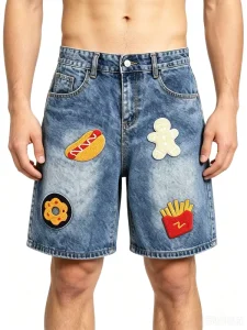 Vintage Washed Denim Knee Length Shorts Cartoon Food Towel Embroidery Baggy High Waist Jeans Shorts