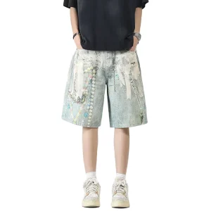 Vintage Washed Pearl Print Baggy Denim Shorts for Women Streetwear Casual Style Mid Waisted Summer Culottes