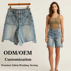 Vintage Washed Women’s High Waist Loose Denim Shorts Splatter Paint Raw Hem 100% Cotton Casual Bermuda Shorts ODM OEM Custom